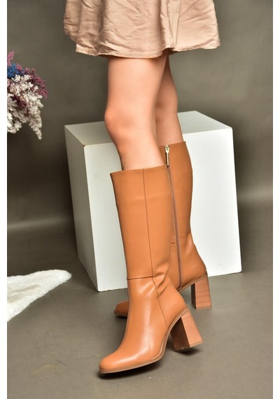 Fox Shoes R518101409 Taba Kalın Topuklu Kadın Çizme Taba