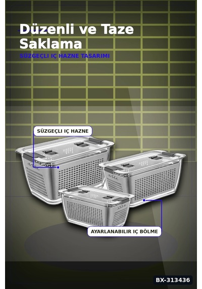 Bölmeli Süzgeçli 3 Parça Buzdolabı Organizer Seti 2.5-5-9 Litre Kilitli Kapak Bx-313436 Diğer