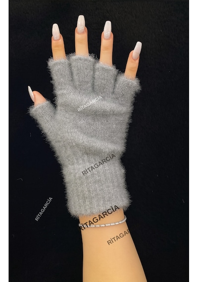 Peluş Kesik Parmak Eldiven Gri