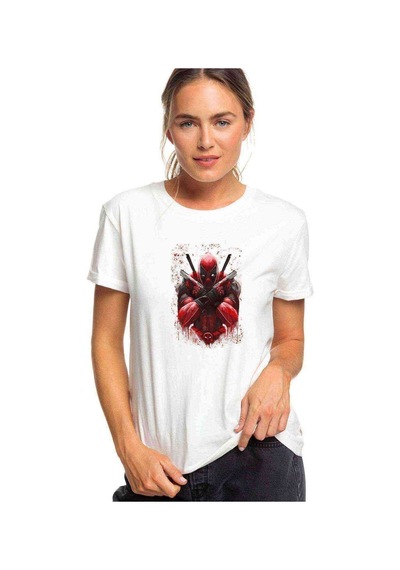 Deadpool Two Guns Baskılı Beyaz Kadın Tshirt