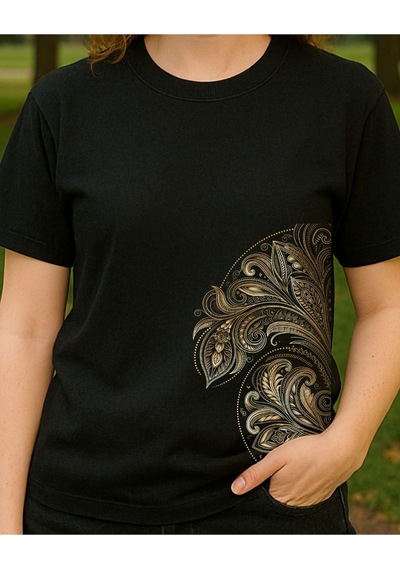 Yandan Baskılı Etnik T-shirt Siyah