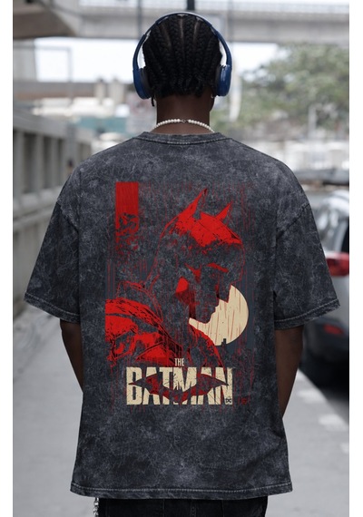 Batman Süper Kahraman Sırt Baskılı Unisex Oversize Eskitme Yıkama Siyah