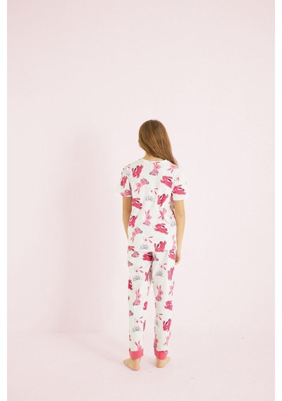 Siyah İnci Kız Çocuk %100 Pamuk Tavşan Baskılı Bisiklet Yaka Pijama Takım25110056 Beyaz
