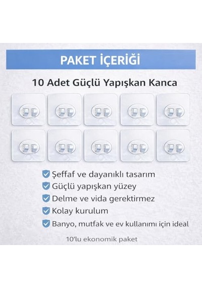 Tr Kendinden Yapışkanlı Askı 10'lu Set Güçlü Vakum Duvar Askısı, Su Geçirmez Banyo &amp Amp Mutfak Askıl Diğer