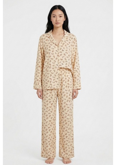 Kruvasan Baskılı Viskon Dokuma Pijama Takımı Bej