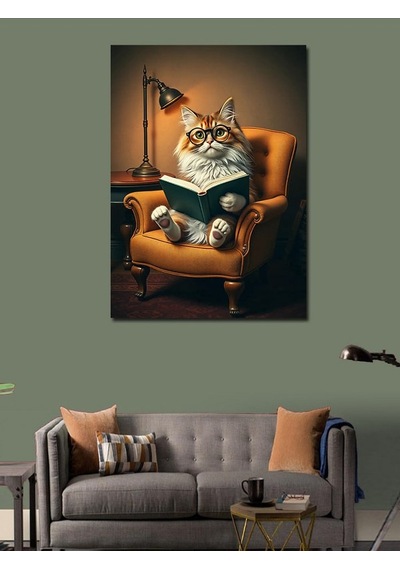 Kanvas Tablo Kitap Okuyan Sarı Kedi 100cmx140cm