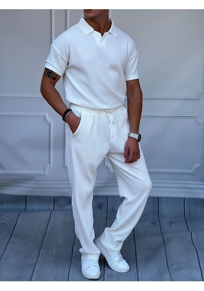 Modefendi Kesik Yaka Kalın Fitil Tshirt'lü Alt Üst Takım Beyaz