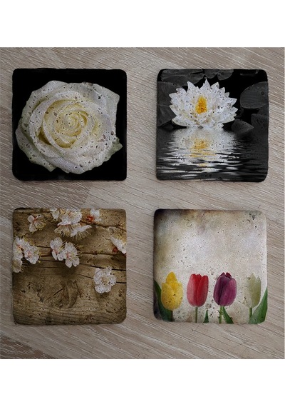 Renkli Laleler Ve Çiçekler Doğal Taş Bardak Altlığı 4'lü Set - Natural Stone Coasters - Taş Çok Renkli