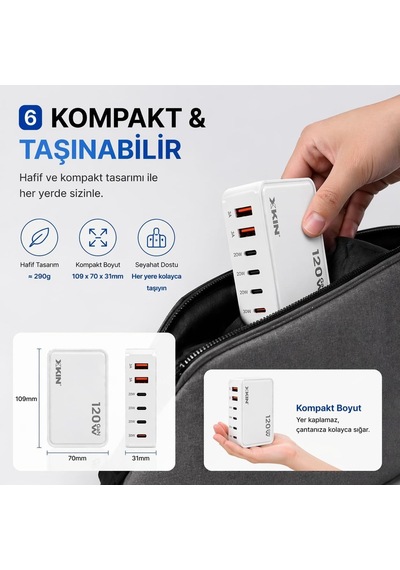 120w Gan Çok Portlu Şarj Cihazı, 6 Port, 2x Usb-a 3a + 3x Usb-c 20w + 1x Usb-c 30w, Beyaz Beyaz
