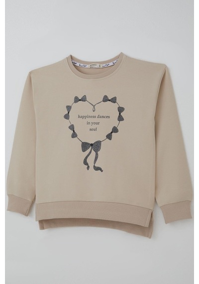 Breeze Kız Çocuk Sweatshirt Simli Kurdeleli Kalp Baskılı 9-14 Yaş, Bej Bej