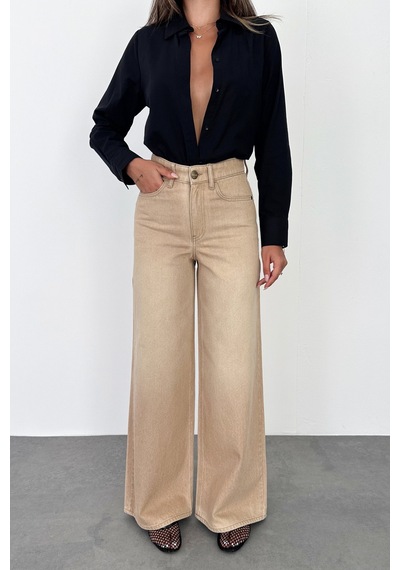 HLT Jeans Bej Kadın Wide Leg Jean %100 Pamuklu Yüksek Bel Palazzo Kot Pantolon Angel-2060