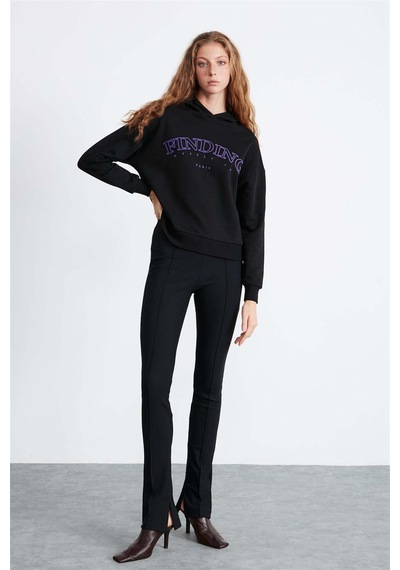 Ethıquet Sydney Kadın İçi Polarlı Önü Nakışlı Regular Fit Kapüşonlu Siyah Sweatshirt