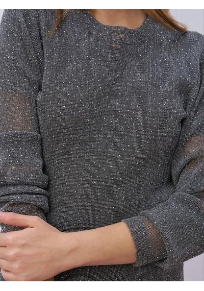 Kız Çocuk Örme File Taşlı Bluz-16447 Füme