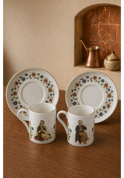Tabak Evi Porselen Yare Altın Yaldızlı Kahve Fincanı 80cc 4 Parça 2 Kişilik Çok Renkli