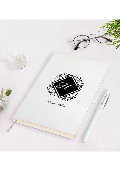 Kişiye Özel Baş Harf İsim Tasarımlı Beyaz Defter Kalem Seti-10