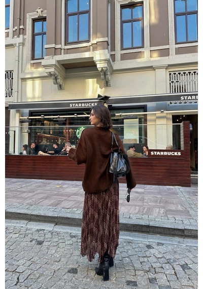 Asur Boutique Asur Butik Kadın Asimetrik Kesim Şifon Astarlı Etek Kahverengi
