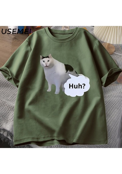 Flood Of Style Huh Kedi Komik Meme T Shirt Erkek Kadın Absurd Weirdcore T-shirt Rahat Yuvarlak Boyun Pamuk K Yeşil