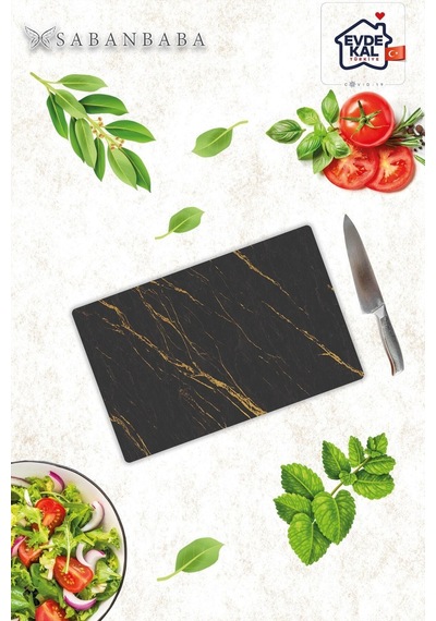 20X30 Cm Siyah Altın Mermer Desenli Cam Kesim Tablası