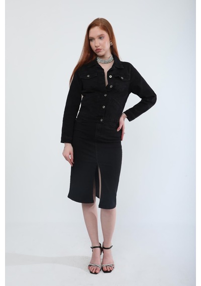 Kadın Cep Detaylı Slim Fit Jean Ceket Siyah 001