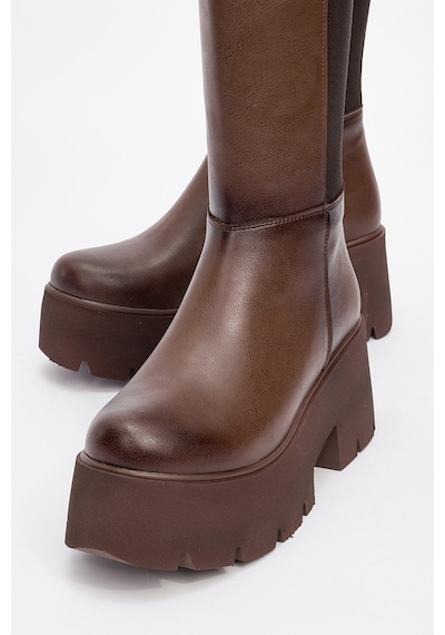 Luvishoes Luvi Shoes Solo Kahve Cilt Lastikli Kadın Platform Topuklu Çizme Kahverengi
