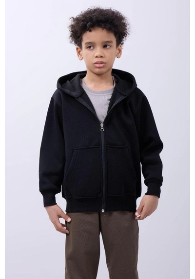 Barlashive Erkek Çocuk Kapüşonlu Kanguru Çepli Tam Fermuarlı Hırka Sweatshirt - Siyah Çok Renkli