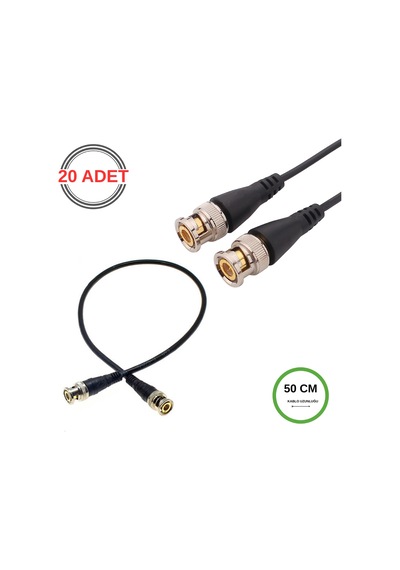 Bnc Kablo Erkek-erkek Hazır Uçlu 0.5 Mt - Siyah Cctv Görüntü Sinyal Kablosu - 20 Adet