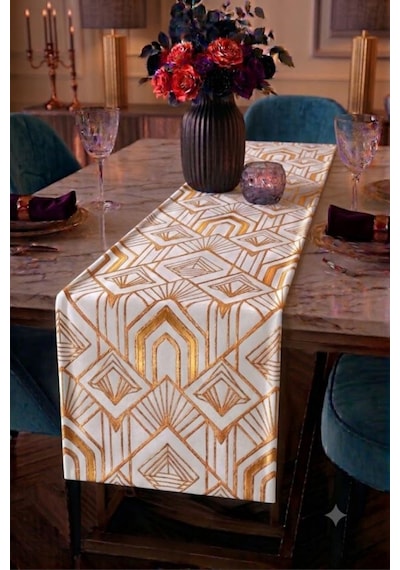 Premium Masa Runner Dijital Baskılı Çizgi Desenli Dekoratif Salon Mutfak Yemek Masası Runner Örtüsü 45x140 Cm Beyaz