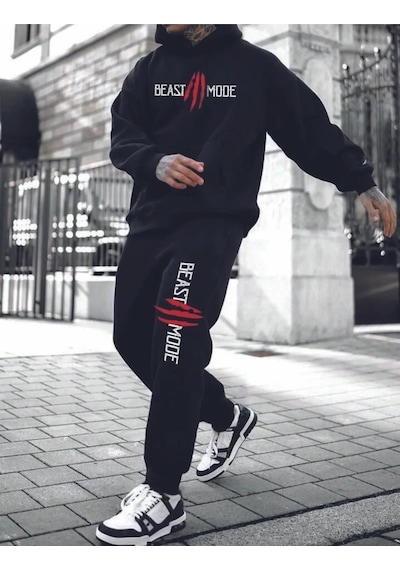 Hırsch Siyah Erkek Oversize Basic Kapüşonlu Lastikli Beast Moda Baskılı Pamuklu Eşofman Takımı Siyah Hırsch Siyah Erkek Oversize Basic Kapüşonlu Lastikli Beast Moda Baskılı Pamuklu Eşofman Takımı Siyah