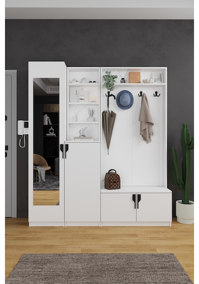 Lüks Aynalı Portmanto Askılı Vestiyer %100 Mdf Çok Raflı Ayakkabılık V03 Beyaz