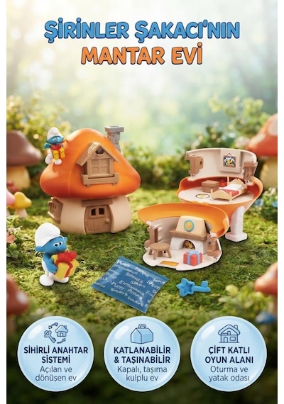 Gioc-hi Prezio-si Şirirnler Şakacı'nın Mantar Evi Anahtarlı Taşınabilir İki Katlı 19 Cm Oyuncak Set Şirinler