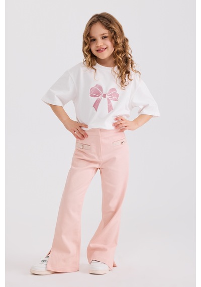 Panço Kız Çocuk Süs Cepli Pembe Pantolon