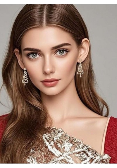 Altın Rengi Taşlı Ve Parıltılı Yılbaşı Ağacı Küpe Altın