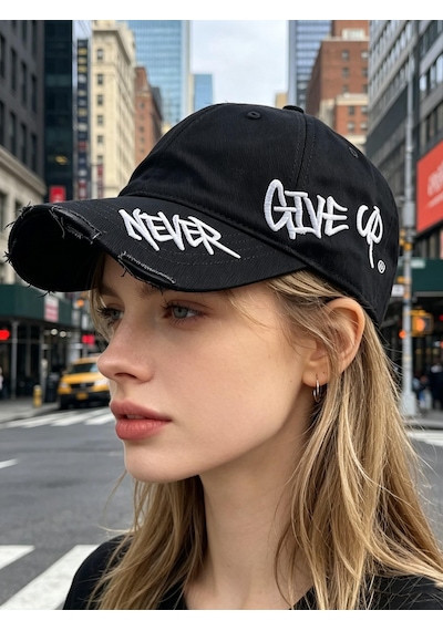 Valkyrie Unisex Siyah Never Give Up Nakışlı Baseball Şapka Ayarlanabilir Vintage Streetwear Spor Kep