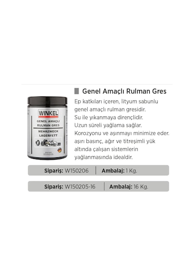 Winkel 1 Kg Lityum Rulman Gres Genel Amaçlı Kullanım İçin Yüksek Sıcaklık Dayanıklılığı