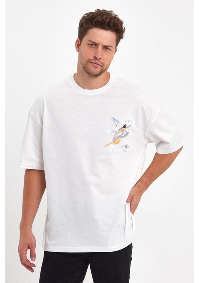 Barlashive Erkek Kısa Kol Tişört Bisiklet Yaka Melek Baskılı Oversize T-shirt - Beyaz Çok Renkli