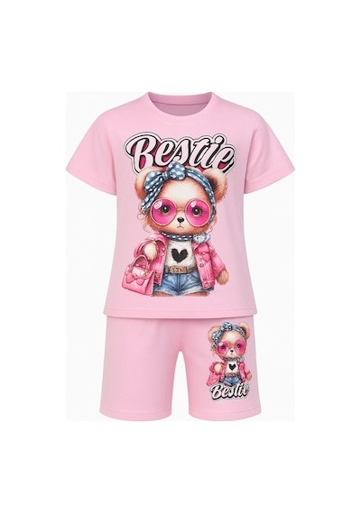 Lolliboomkids Bestie Siyah Ve Pembe Renk Kız Çocuk Takım - Ayıcık Baskılı Tişört & Şort 2'li Set Pembe