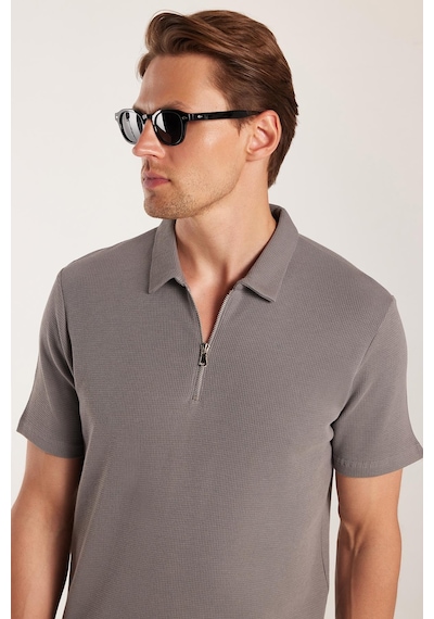 Tudors Erkek Slim Fit Dar Kesim %100 Pamuk Fermuarlı Gri Polo Yaka Tişört-33940 Gri
