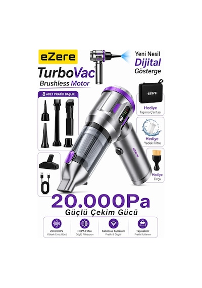 Northcity Ezere Turbovac 20000pa Güçlü Dijital Göstergeli Vakumlu Kablosuz Üflemeli Mini Araç Süpürgesi- 5775