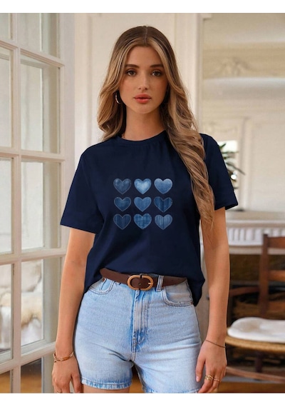 Uyguntarz Unisex Jean Desenli Kalp Tasarım Basklı Tshirt Lacivert