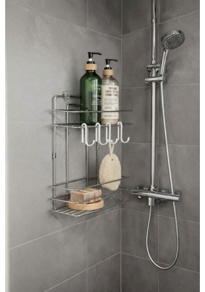 Sas Haus Lüks Krom Metal 2 Katlı Banyo Rafı Şampuanlık Ve Duş Rafı Askılı Yapışkanlı Duvara Monte Tş-02 Krom