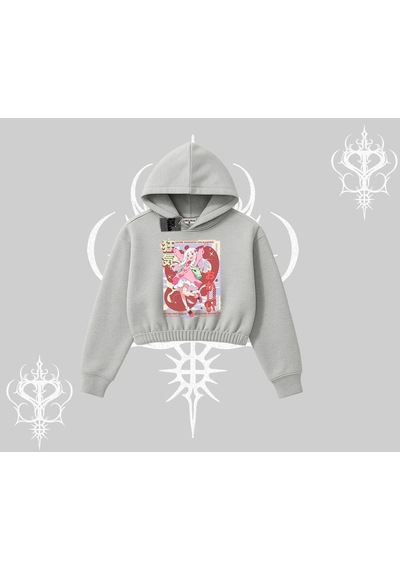 Startmore Kapşonlu Crop Sweatshirt Madness Unleashed Anime Girl Baskılı Gri
