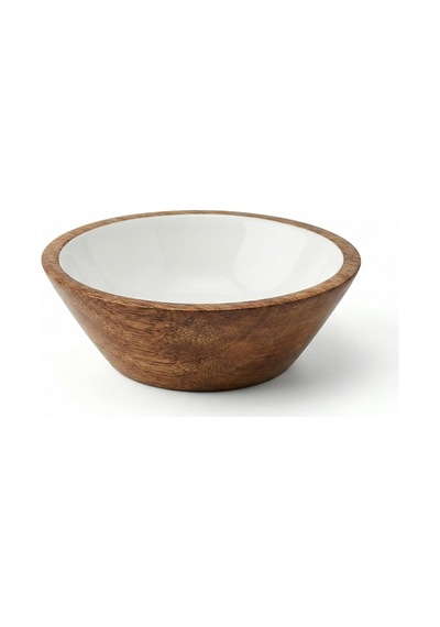 Deconox Mango Ağacı Kase - İçi Krem Emaye Enamel Kaplama 13 Cm Dekoratif Ahşap Sunum Kasesi - Leke Tutmaz Sosluk,