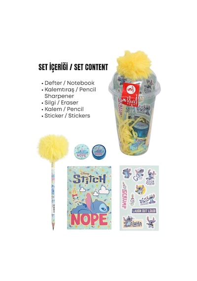 X Dekomus Lisanslı Stitch Aloha Dream Cup 5 Parça Kırtasiye Seti Sticker, Tüylü Kalem "dekomus Cep Defteri Hediyeli" Altın