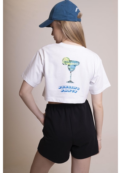 Afloow Delicate Kadın Beyaz Oversize Crop Tişört - %100 Pamuk Bisiklet Yaka, Ön Ve Sırt Baskılı, Rahat Kesim, Şık Ve Modern Tasarım Beyaz