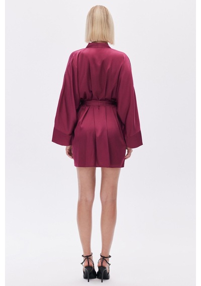 Fumée Bordo Kısa Saten Sabahlık / Kimono Bordo