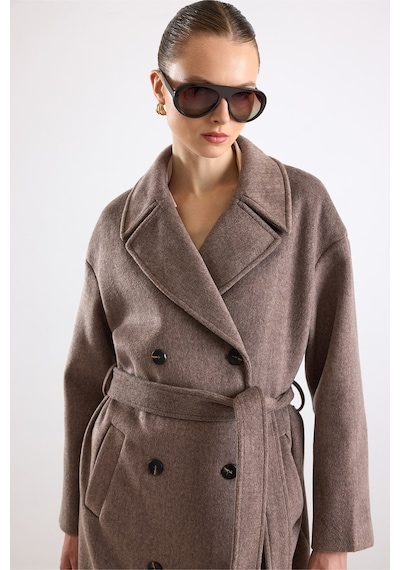Olcay Oversize Düşük Kol Kruvaze Kaban Latte 3173 Krem