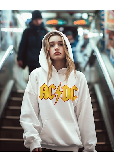 Sevbano Ac Dc Müzik Grubu Baskılı Unisex Oversize Rock Metal Hoodie Beyaz