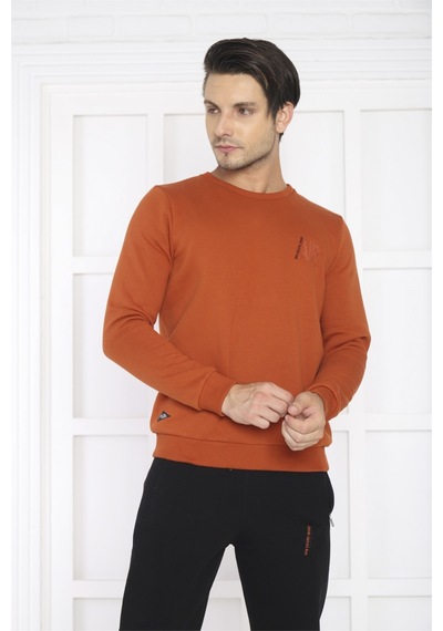 Escetic Erkek Spor Slimfit, Bisiklet Yaka, Kiremit Sweatshirt Tak Kiremit