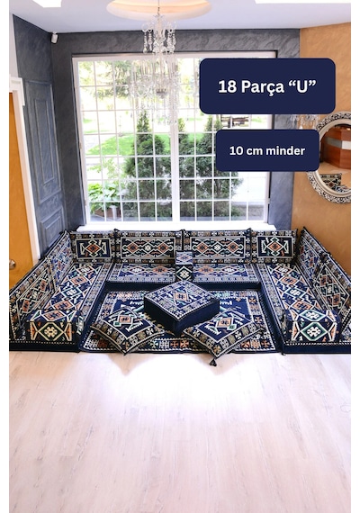 Otantik Şark Köşesi Takımı Lacivert Anadolu 18 Parça Kilim Ve Puf Dahil Süngerli Sedir Seti