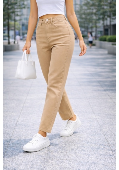 Cedy Denim Kadın Yüksek Bel Soho Boyfriend Jean C599 Camel